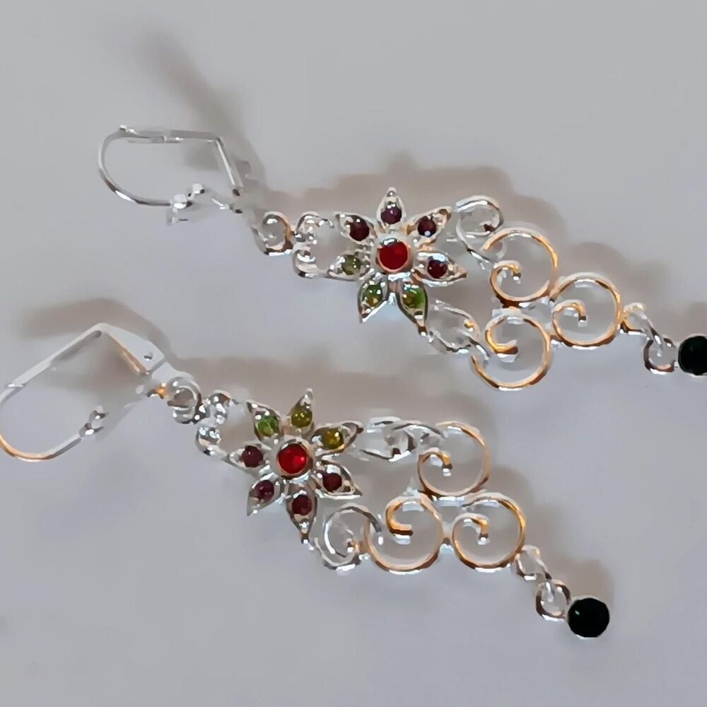 Silvertone Multi Color Rhinestone Floral Dangle Earrings 2.5 in